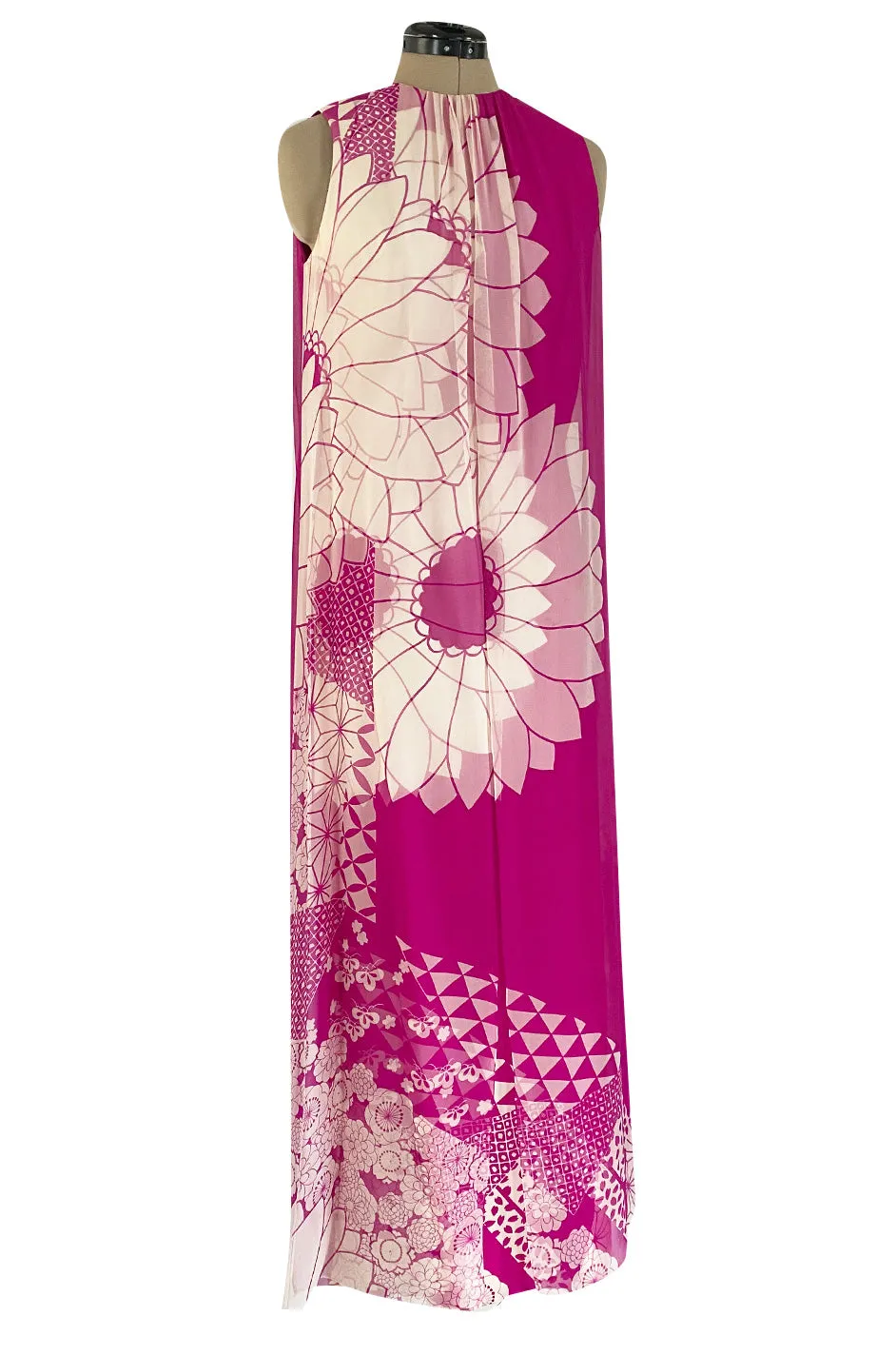 1969 Hanae Mori Chrysanthemum Print Pink Silk Twill & Silk Chiffon Dress