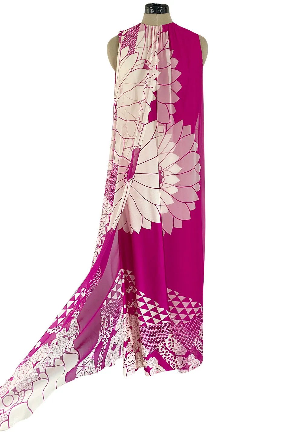 1969 Hanae Mori Chrysanthemum Print Pink Silk Twill & Silk Chiffon Dress
