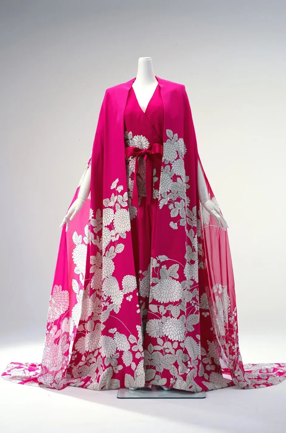1969 Hanae Mori Chrysanthemum Print Pink Silk Twill & Silk Chiffon Dress