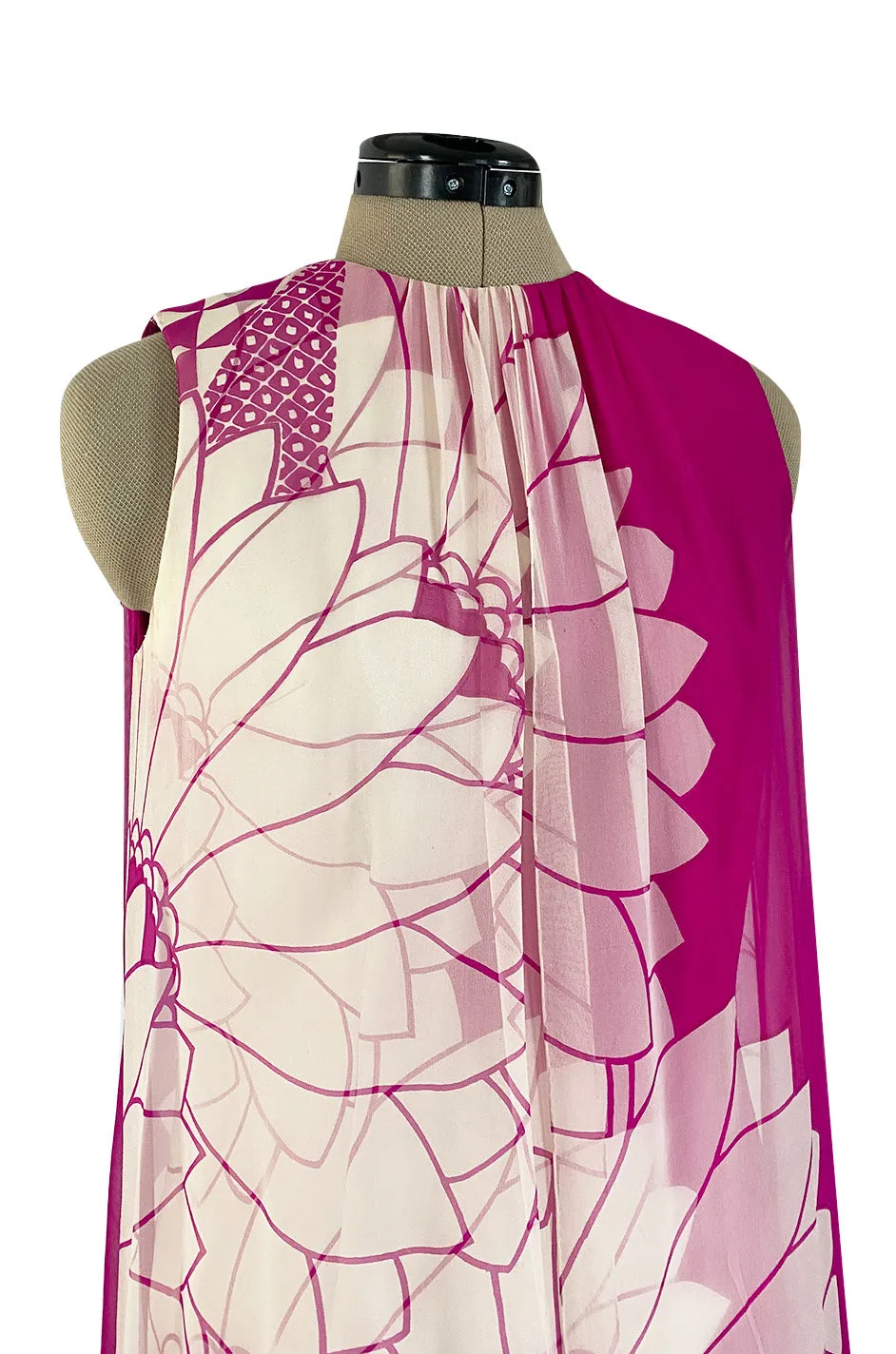 1969 Hanae Mori Chrysanthemum Print Pink Silk Twill & Silk Chiffon Dress
