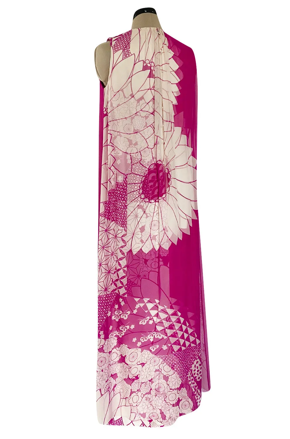 1969 Hanae Mori Chrysanthemum Print Pink Silk Twill & Silk Chiffon Dress