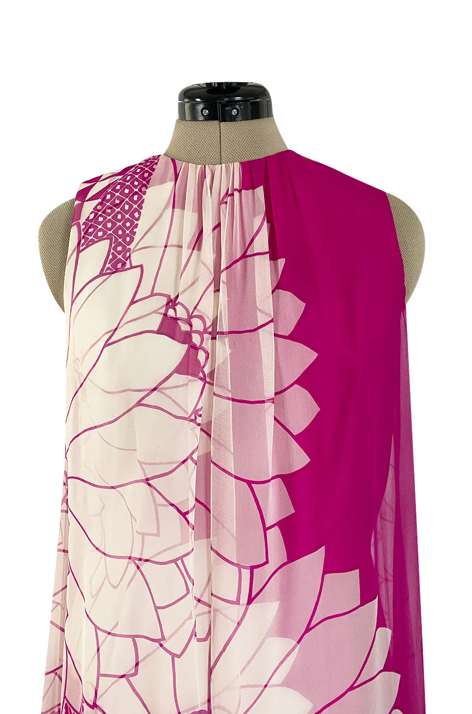 1969 Hanae Mori Chrysanthemum Print Pink Silk Twill & Silk Chiffon Dress