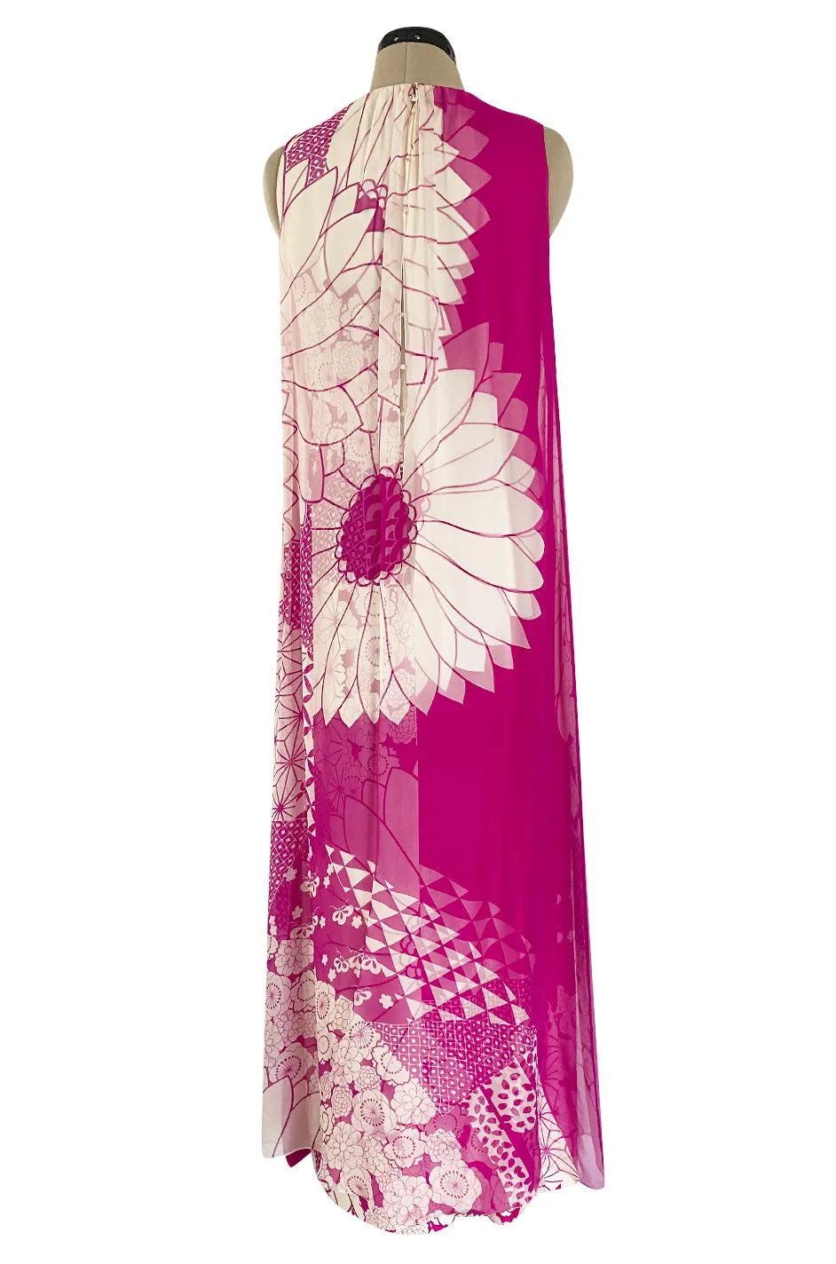 1969 Hanae Mori Chrysanthemum Print Pink Silk Twill & Silk Chiffon Dress
