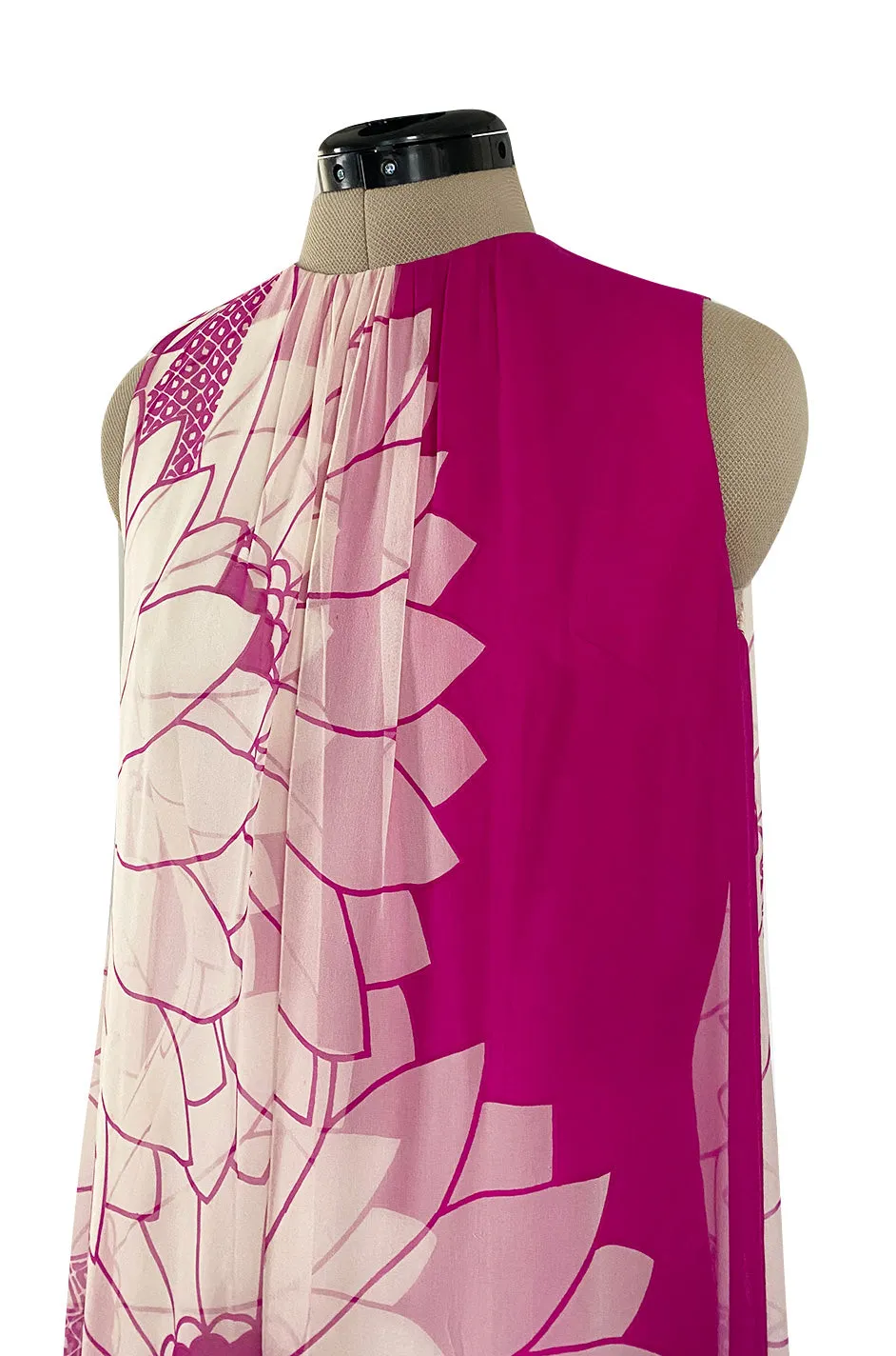 1969 Hanae Mori Chrysanthemum Print Pink Silk Twill & Silk Chiffon Dress
