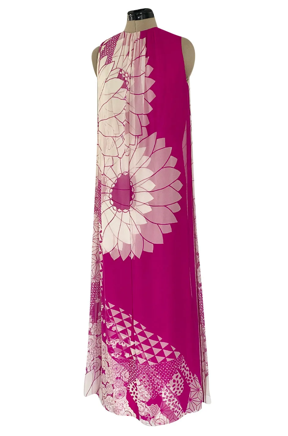 1969 Hanae Mori Chrysanthemum Print Pink Silk Twill & Silk Chiffon Dress
