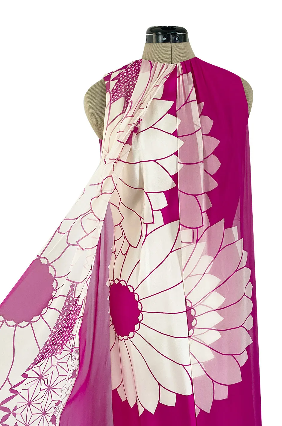 1969 Hanae Mori Chrysanthemum Print Pink Silk Twill & Silk Chiffon Dress