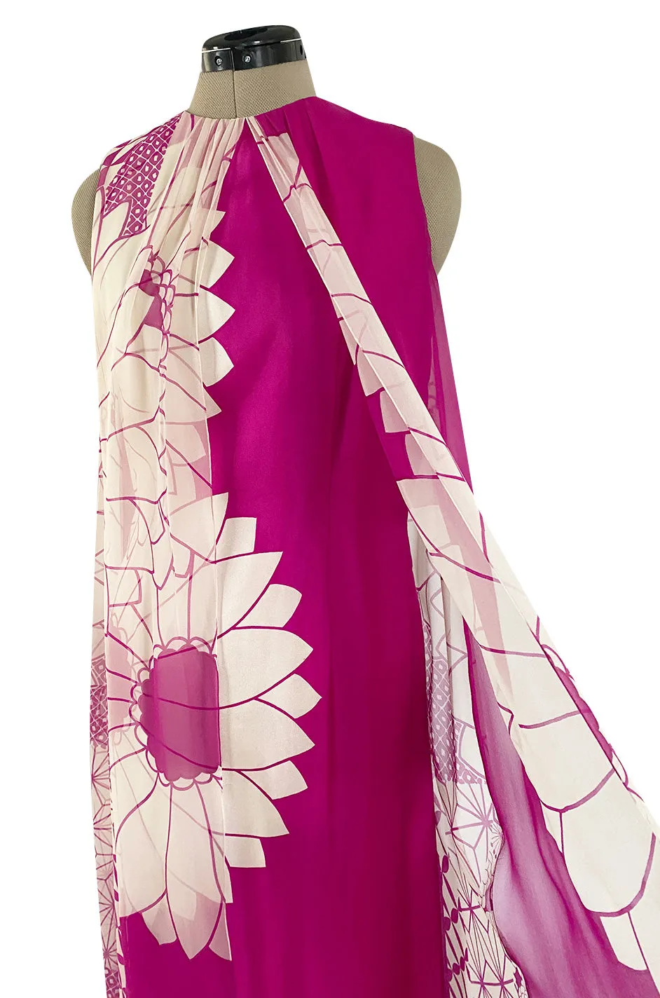 1969 Hanae Mori Chrysanthemum Print Pink Silk Twill & Silk Chiffon Dress