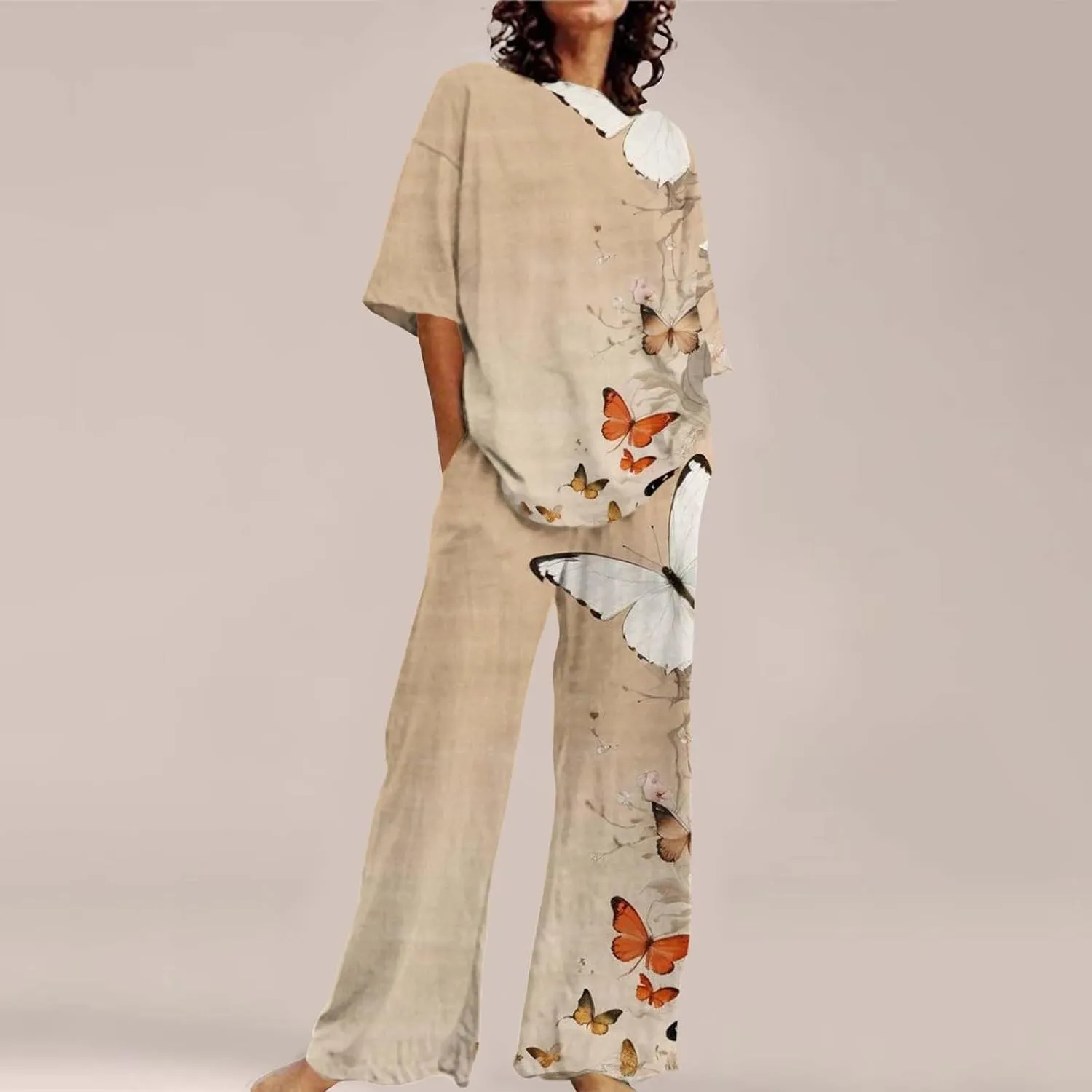 2 Outfits For Women Print Cotton Linen Set Oversized T Shirts Loose Straight Leg Pant Plus Size Comfort Sleepwear