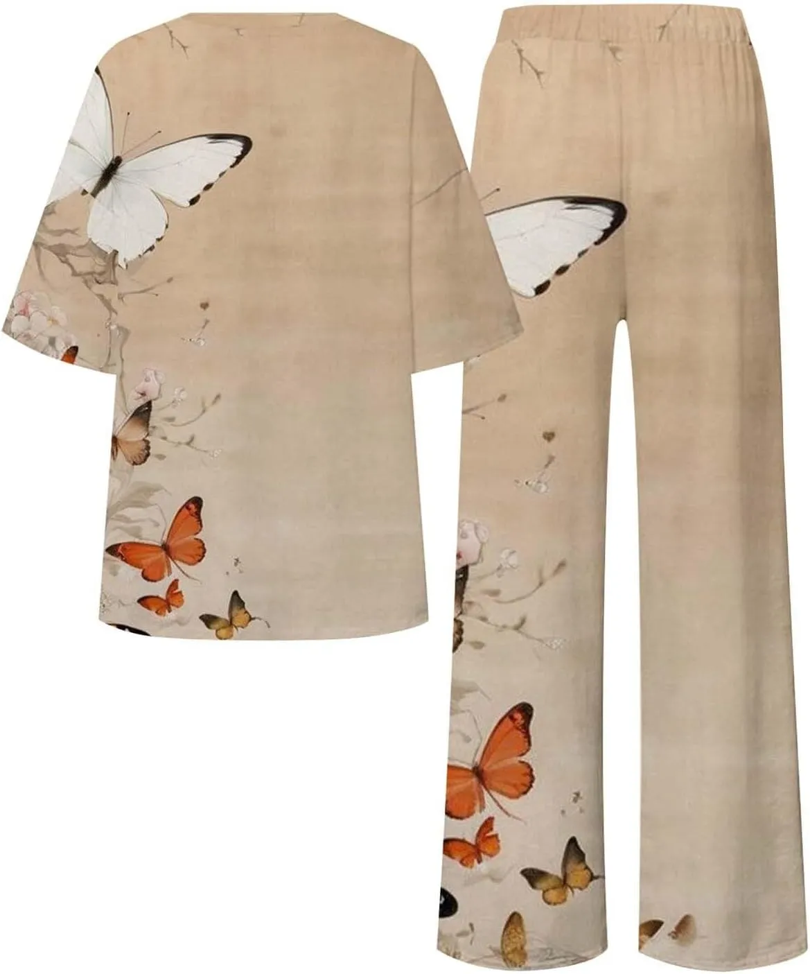 2 Outfits For Women Print Cotton Linen Set Oversized T Shirts Loose Straight Leg Pant Plus Size Comfort Sleepwear