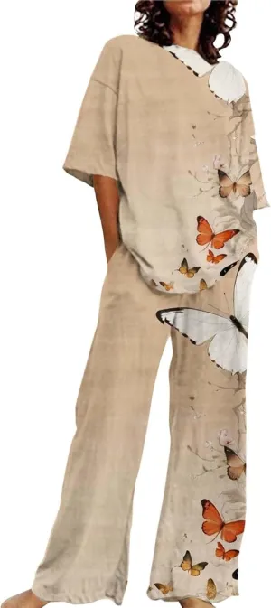 2 Outfits For Women Print Cotton Linen Set Oversized T Shirts Loose Straight Leg Pant Plus Size Comfort Sleepwear