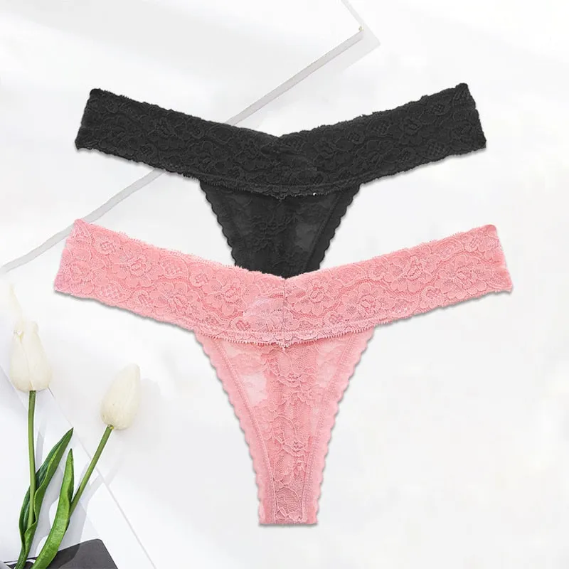2 Pack Lace G-string Thong Panties Floral Underwear Transparent Underpants Lingerie Briefs