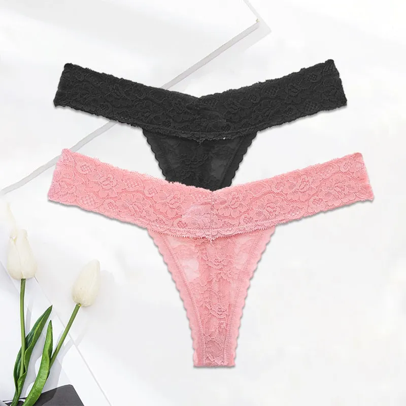 2 Pack Lace G-string Thong Panties Floral Underwear Transparent Underpants Lingerie Briefs