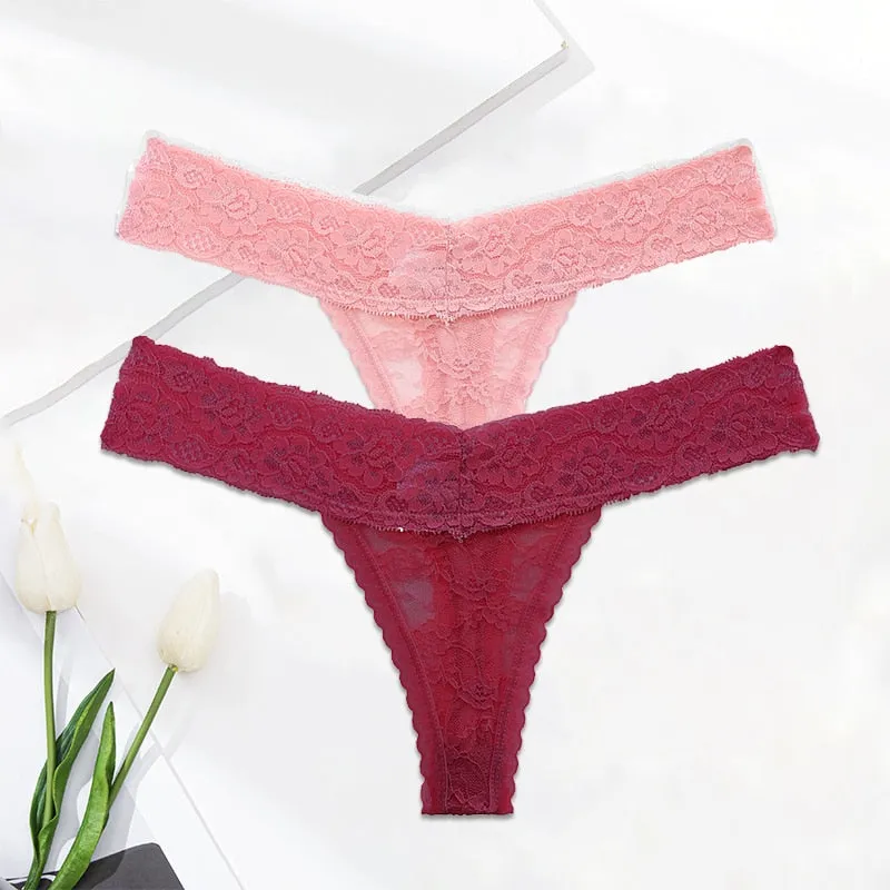 2 Pack Lace G-string Thong Panties Floral Underwear Transparent Underpants Lingerie Briefs