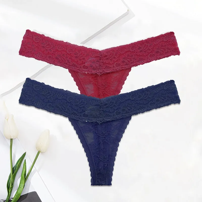 2 Pack Lace G-string Thong Panties Floral Underwear Transparent Underpants Lingerie Briefs