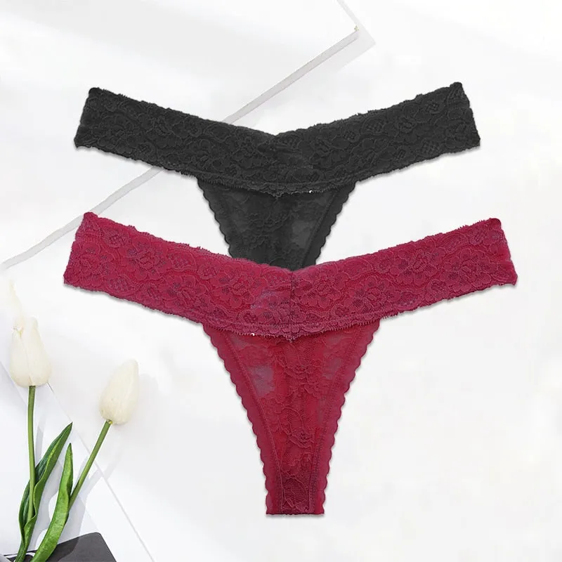 2 Pack Lace G-string Thong Panties Floral Underwear Transparent Underpants Lingerie Briefs