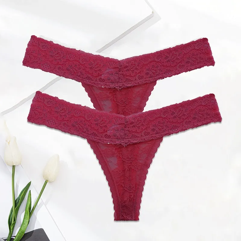 2 Pack Lace G-string Thong Panties Floral Underwear Transparent Underpants Lingerie Briefs