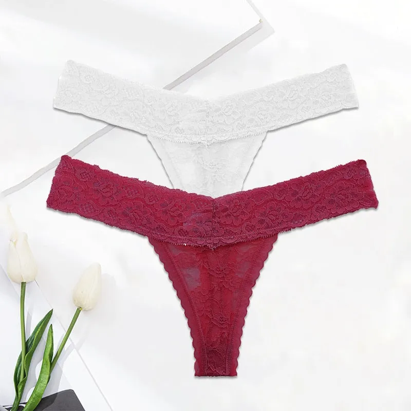 2 Pack Lace G-string Thong Panties Floral Underwear Transparent Underpants Lingerie Briefs