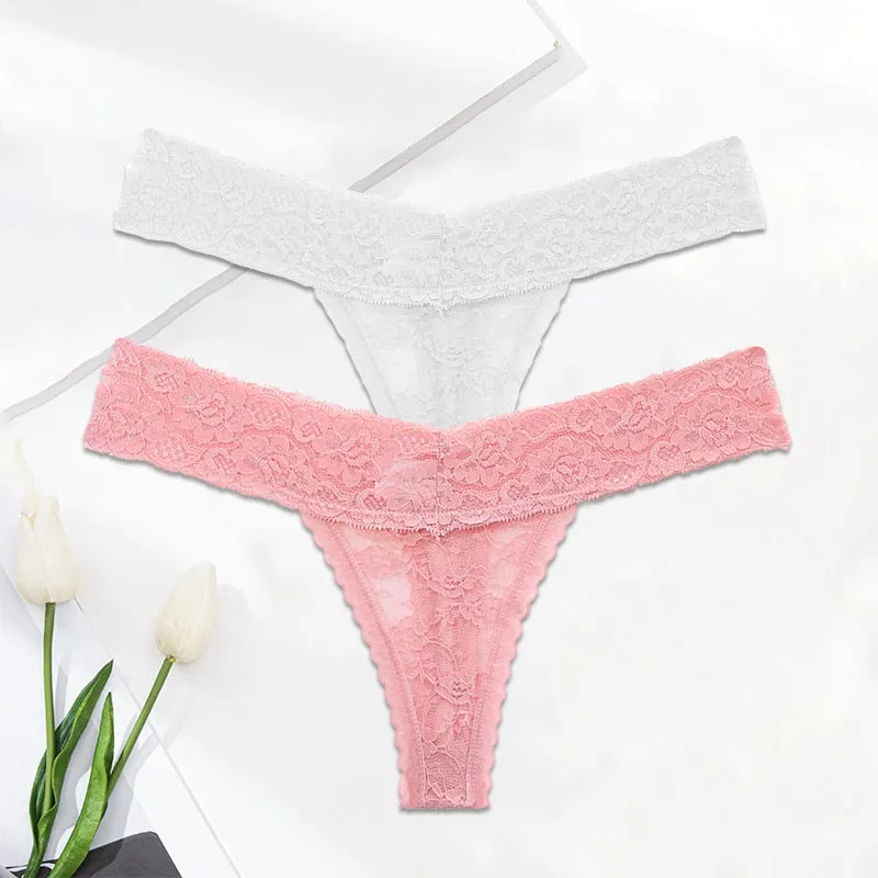 2 Pack Lace G-string Thong Panties Floral Underwear Transparent Underpants Lingerie Briefs