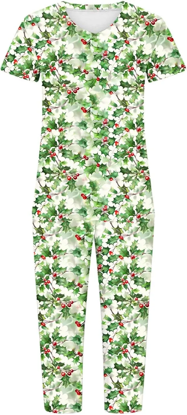 2 Pack: Womens Capri Pajamas Set V-neck Short Sleeved Sleepwear Tops and Pants Pjs Print Nightwear Casual Lounge Set