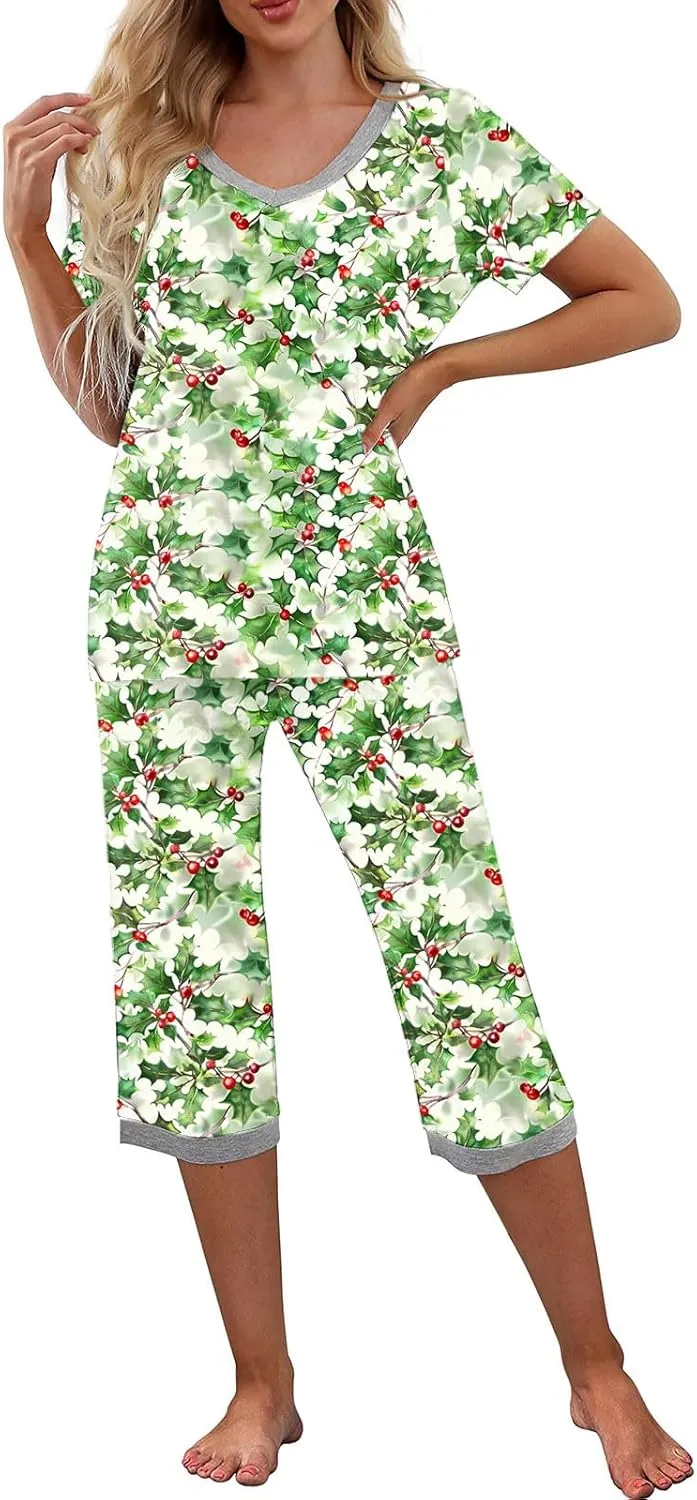 2 Pack: Womens Capri Pajamas Set V-neck Short Sleeved Sleepwear Tops and Pants Pjs Print Nightwear Casual Lounge Set