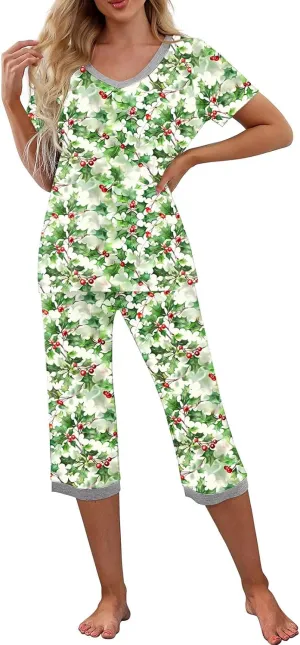 2 Pack: Womens Capri Pajamas Set V-neck Short Sleeved Sleepwear Tops and Pants Pjs Print Nightwear Casual Lounge Set