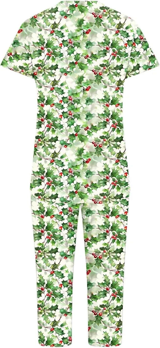 2 Pack: Womens Capri Pajamas Set V-neck Short Sleeved Sleepwear Tops and Pants Pjs Print Nightwear Casual Lounge Set