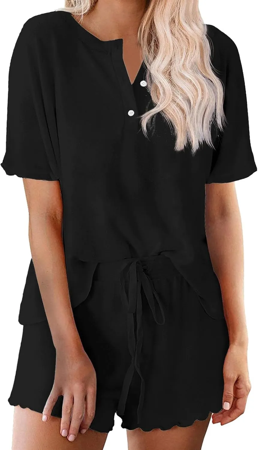 2 Pack Womens Pajama Sets Short Sleeve Top With Drawstring Shorts Soft Comfy Loungewear Sleepwear Two Set for Ladies