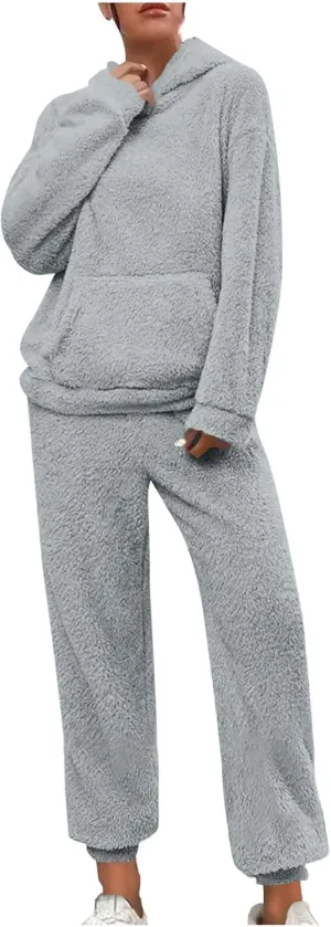 2 Piece Fuzzy Fleece Outfits for Women Warm Hoody Pullover and Sweatpant Plush Pajama Sets Winter Lounge Set Homewear