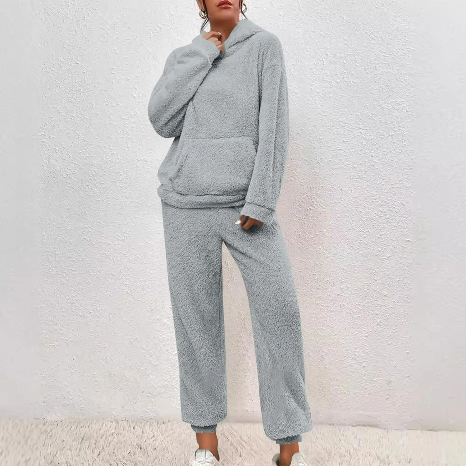 2 Piece Fuzzy Fleece Outfits for Women Warm Hoody Pullover and Sweatpant Plush Pajama Sets Winter Lounge Set Homewear