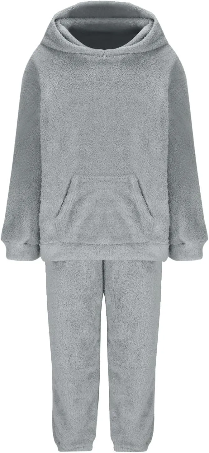 2 Piece Fuzzy Fleece Outfits for Women Warm Hoody Pullover and Sweatpant Plush Pajama Sets Winter Lounge Set Homewear