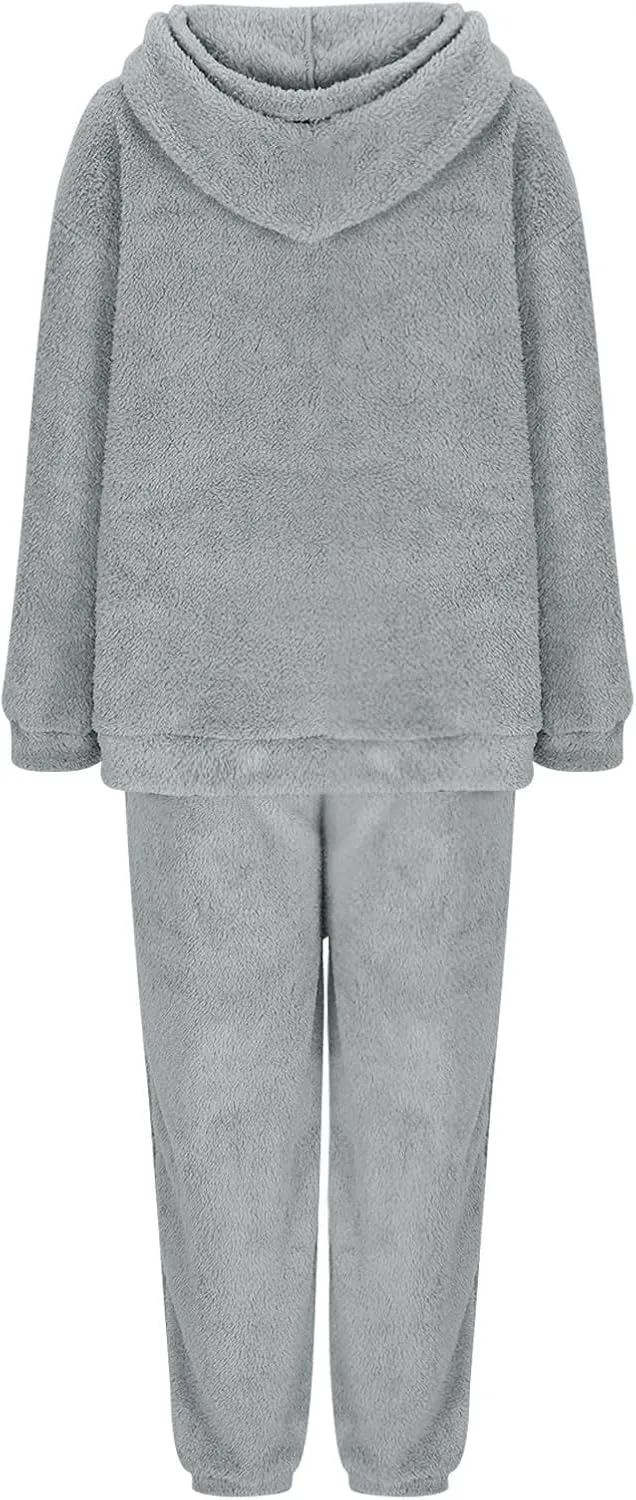 2 Piece Fuzzy Fleece Outfits for Women Warm Hoody Pullover and Sweatpant Plush Pajama Sets Winter Lounge Set Homewear