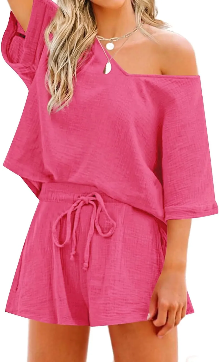 2 Piece Linen Sets for Women Short Sleeve V Neck Top and Drawstring Shorts Summer Casual Beach Tracksuit Lounge Outfit Sets