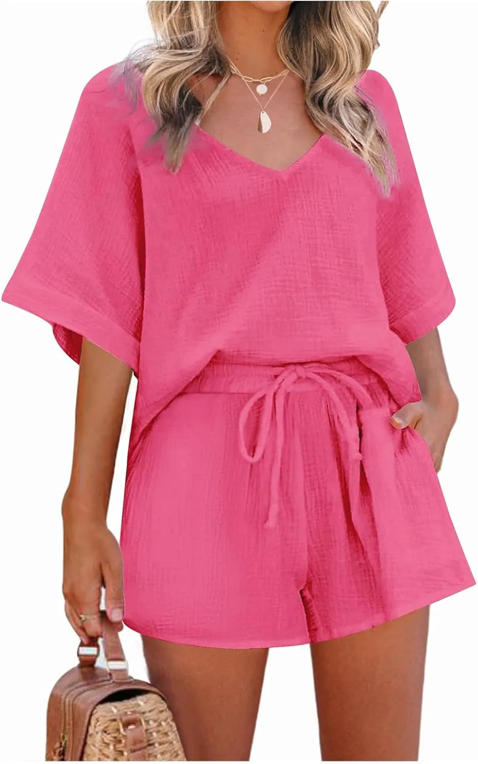 2 Piece Linen Sets for Women Short Sleeve V Neck Top and Drawstring Shorts Summer Casual Beach Tracksuit Lounge Outfit Sets