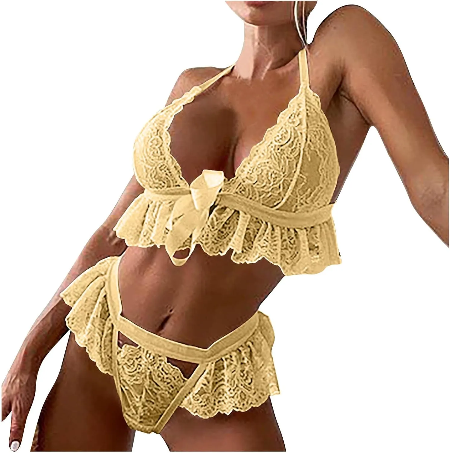 2 Piece Lingerie for Women Lace Babydoll Mesh Nightwear Chemise Nightie Babydoll Set Push Up Bralette Mini Skirt Set