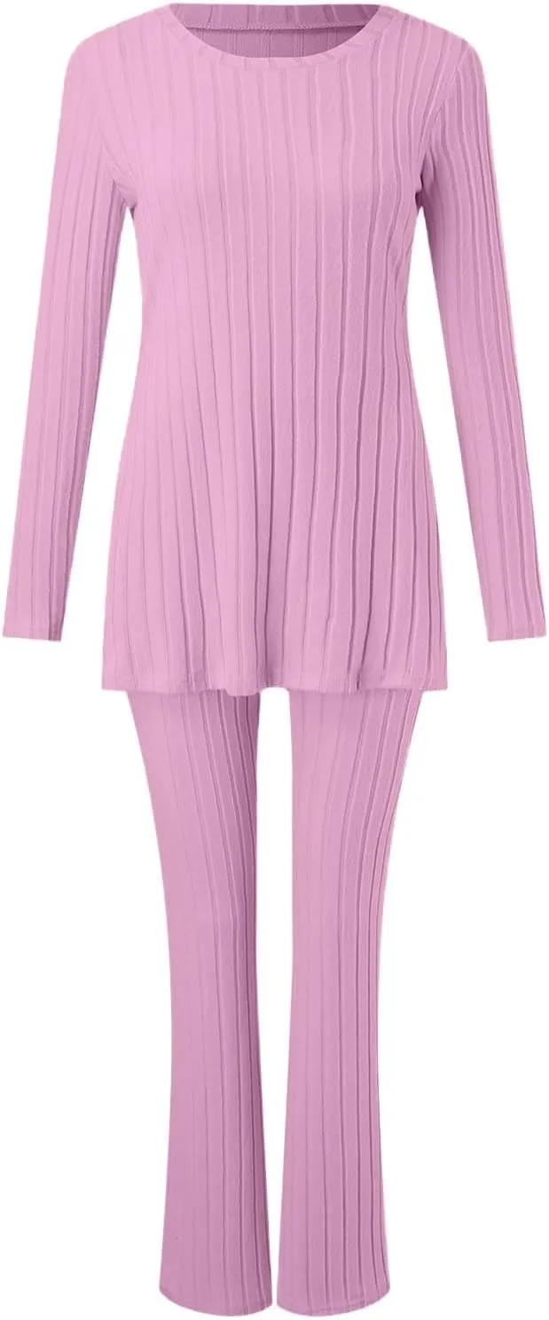 2 Piece Lounge Set Women Long Sleeve Cozy Knitted Crewneck Slit Sweater and Pants Sets Elegant Slim Fit Two Piece Loungewear
