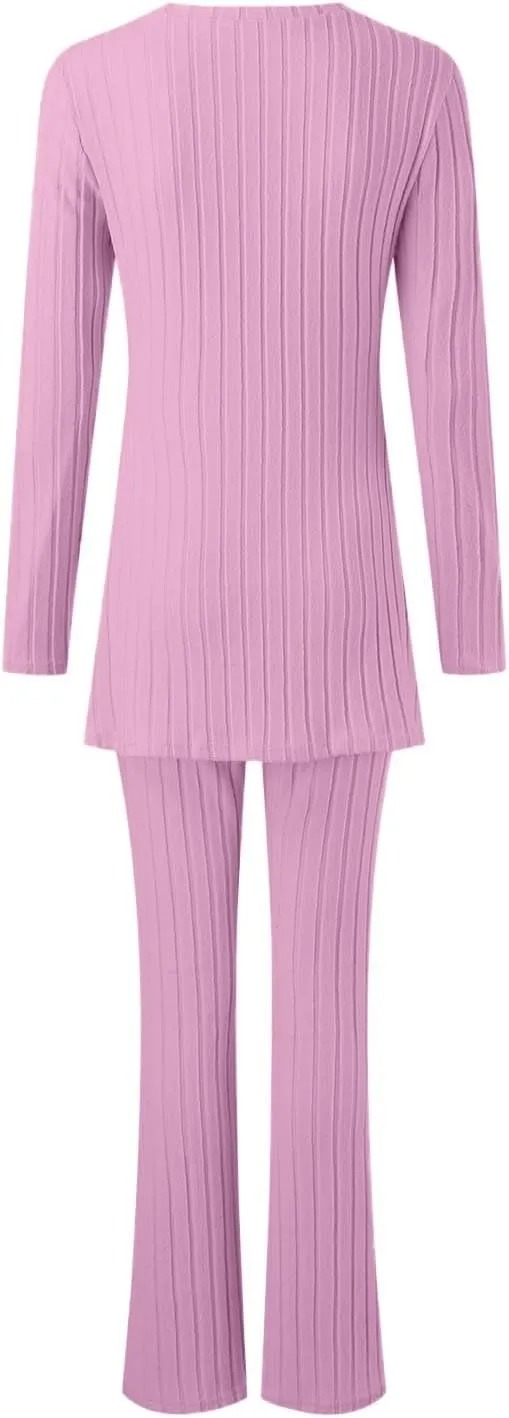 2 Piece Lounge Set Women Long Sleeve Cozy Knitted Crewneck Slit Sweater and Pants Sets Elegant Slim Fit Two Piece Loungewear