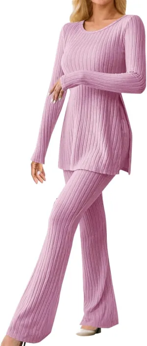 2 Piece Lounge Set Women Long Sleeve Cozy Knitted Crewneck Slit Sweater and Pants Sets Elegant Slim Fit Two Piece Loungewear