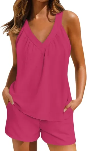 2 Piece Outfits for Women Casual V Neck Sleeveless Tank Tops and Biker Shorts Summer Loungewear Matching Sets