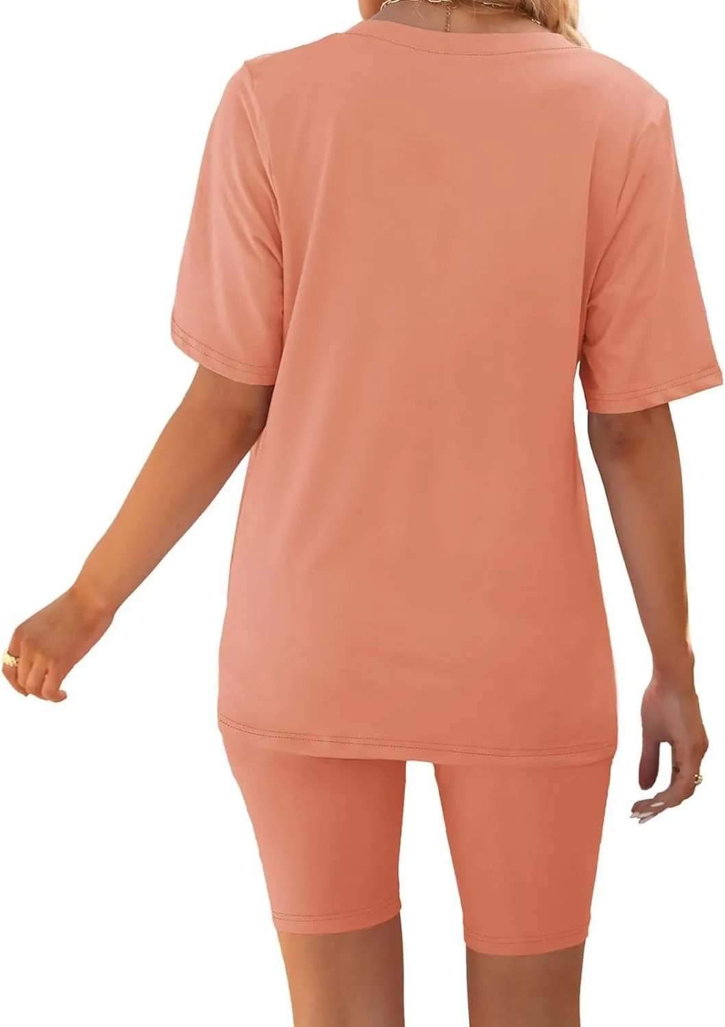 2 Piece Outfits for Women Oversized V Neck T-Shirt Tops and Biker Shorts Sports Workout Tracksuit Casual Lounge Sets