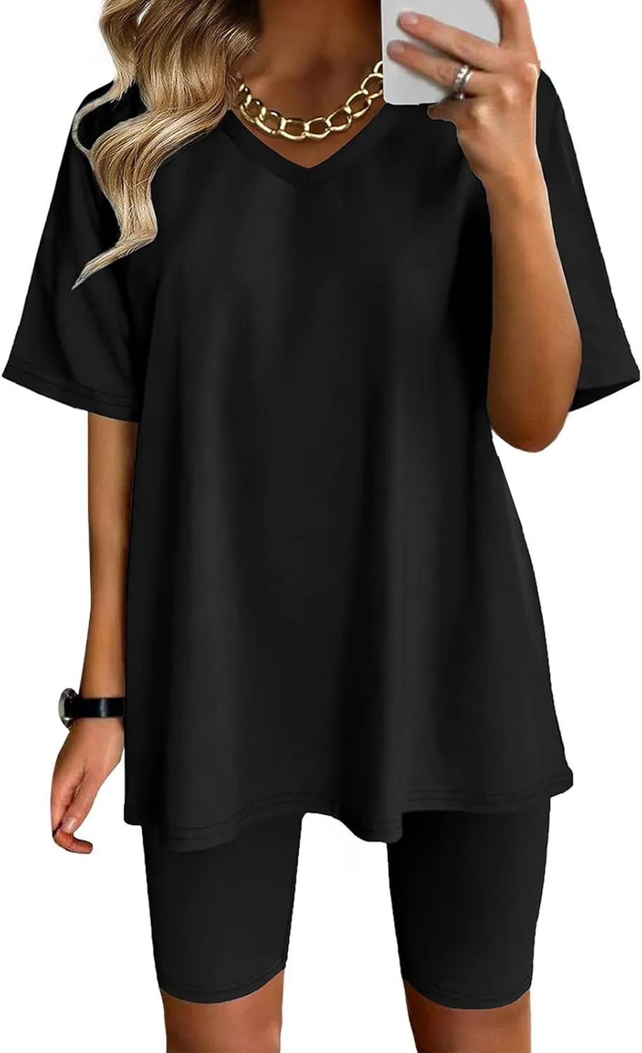 2 Piece Outfits for Women Oversized V Neck T-Shirt Tops and Biker Shorts Sports Workout Tracksuit Casual Lounge Sets