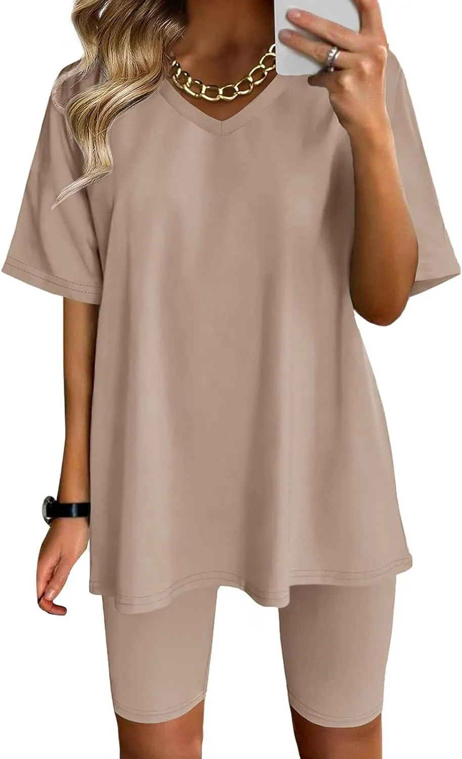 2 Piece Outfits for Women Oversized V Neck T-Shirt Tops and Biker Shorts Sports Workout Tracksuit Casual Lounge Sets