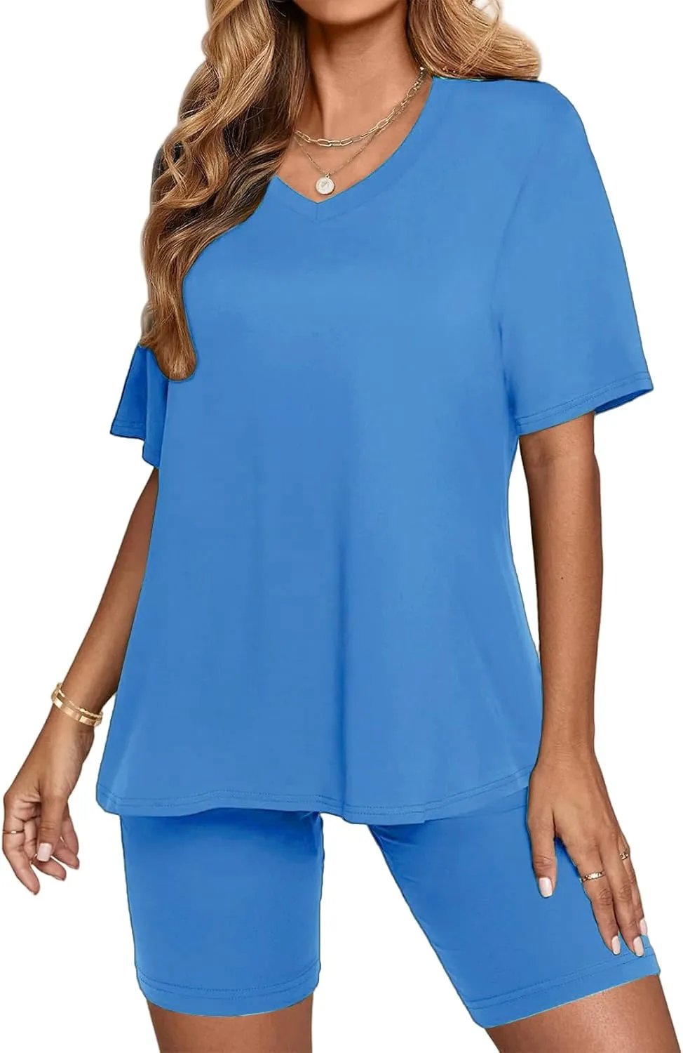 2 Piece Outfits for Women Oversized V Neck T-Shirt Tops and Biker Shorts Sports Workout Tracksuit Casual Lounge Sets