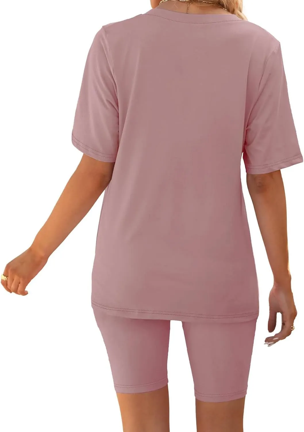 2 Piece Outfits for Women Oversized V Neck T-Shirt Tops and Biker Shorts Sports Workout Tracksuit Casual Lounge Sets