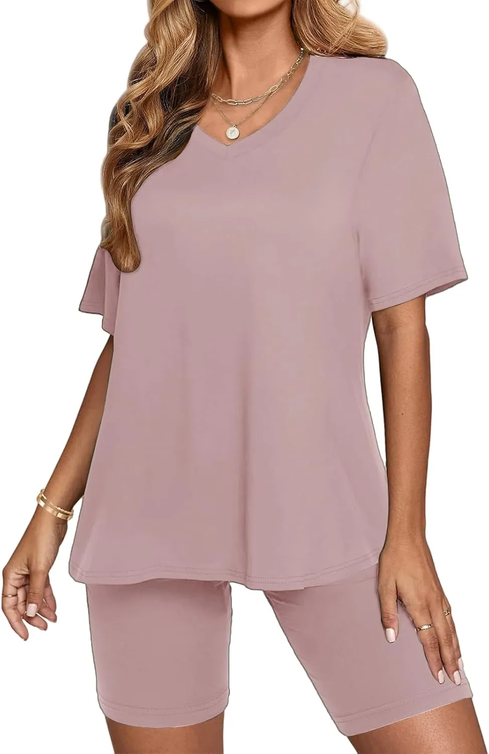 2 Piece Outfits for Women Oversized V Neck T-Shirt Tops and Biker Shorts Sports Workout Tracksuit Casual Lounge Sets