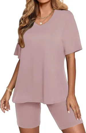 2 Piece Outfits for Women Oversized V Neck T-Shirt Tops and Biker Shorts Sports Workout Tracksuit Casual Lounge Sets
