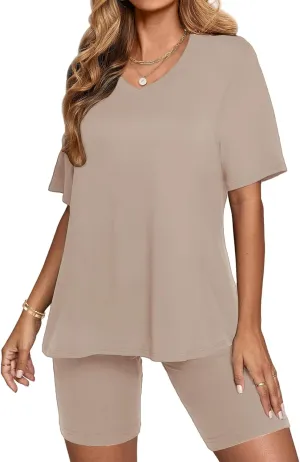 2 Piece Outfits for Women Oversized V Neck T-Shirt Tops and Biker Shorts Sports Workout Tracksuit Casual Lounge Sets
