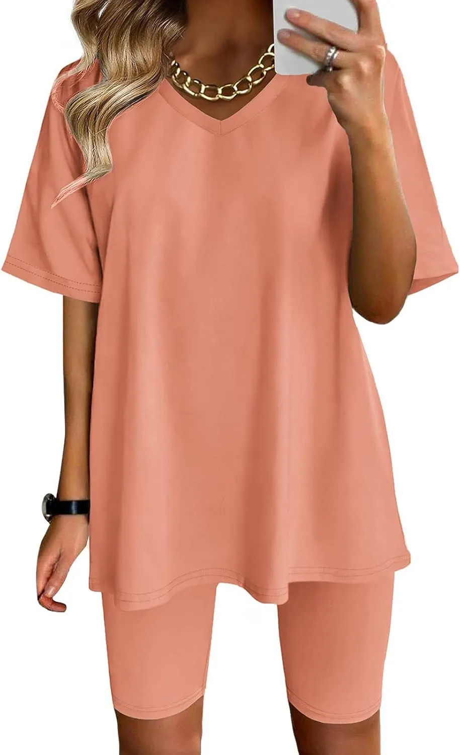 2 Piece Outfits for Women Oversized V Neck T-Shirt Tops and Biker Shorts Sports Workout Tracksuit Casual Lounge Sets