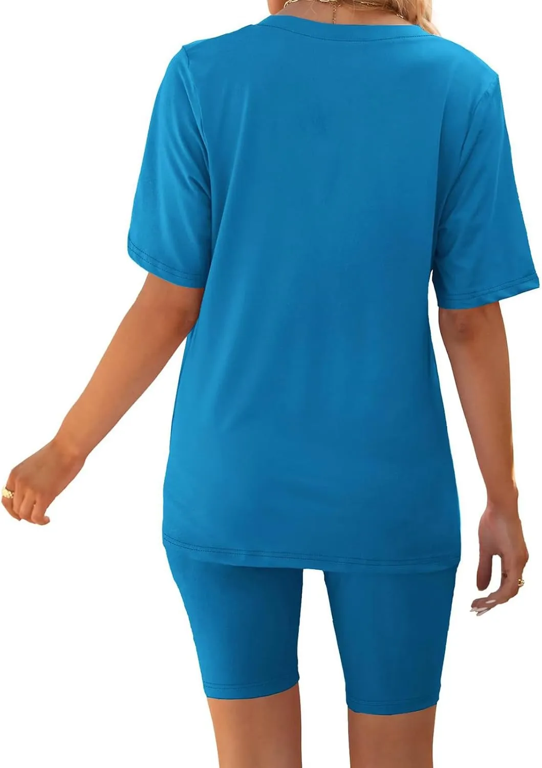 2 Piece Outfits for Women Oversized V Neck T-Shirt Tops and Biker Shorts Sports Workout Tracksuit Casual Lounge Sets
