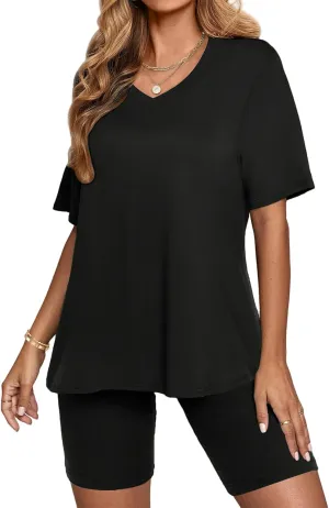 2 Piece Outfits for Women Oversized V Neck T-Shirt Tops and Biker Shorts Sports Workout Tracksuit Casual Lounge Sets