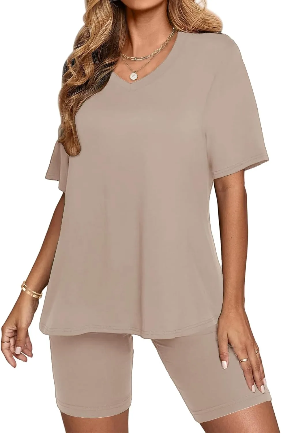 2 Piece Outfits for Women Oversized V Neck T-Shirt Tops and Biker Shorts Sports Workout Tracksuit Casual Lounge Sets